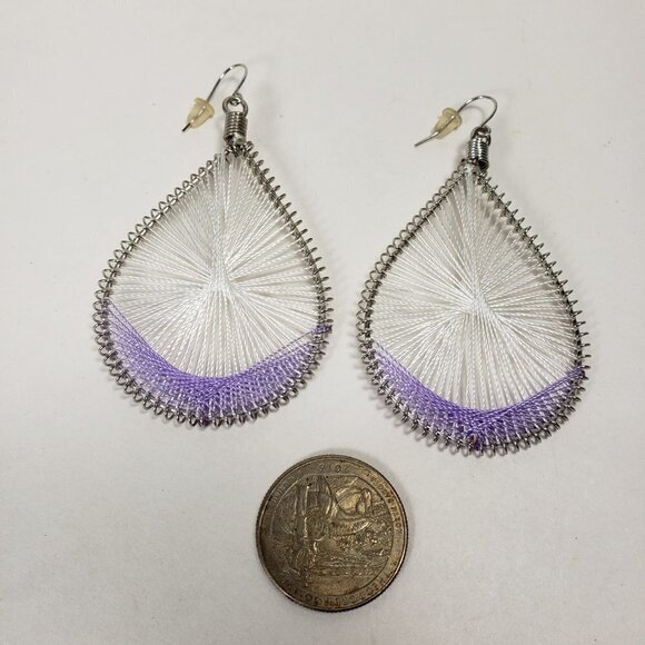 Handcrafted Silver Wire Teardrop Earrings White Purple Thread Accent – Jewelry - Picture 7 of 9